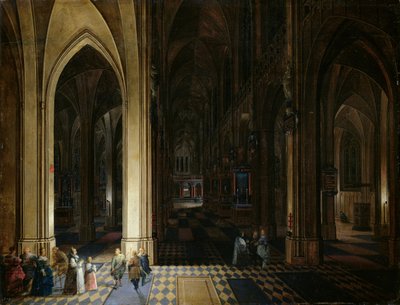 Het interieur van de kathedraal van Antwerpen bij kaars- en fakkellicht door Pieter Neefs